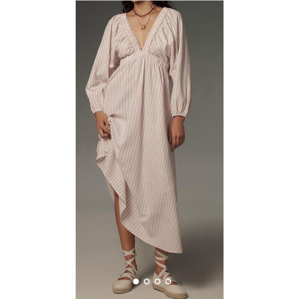 By Anthropologie Femme Linen Blend Stripe Kaftan Dress Size M/L White Pink